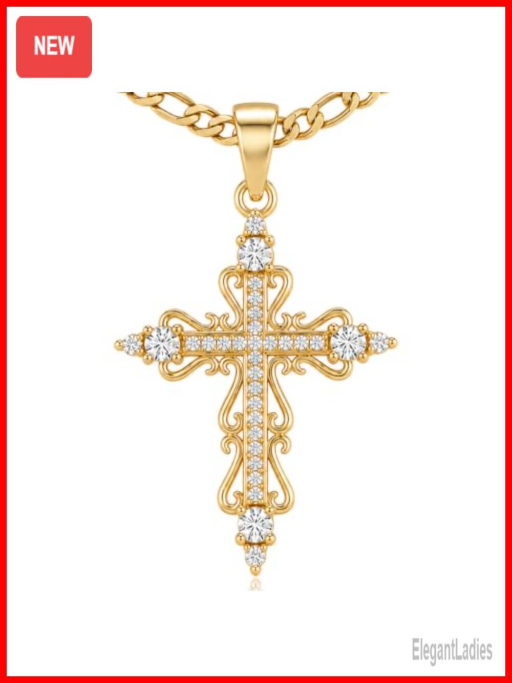 14K Gold Plated Filigree Cross Necklace Cubic Zirconia Pendant